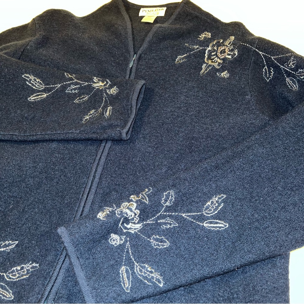 Pendleton Virgin Wool Teal Zip-Up Cardigan with Floral Embroidery Detail